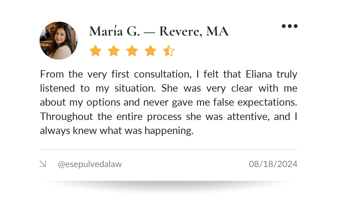 Client testimonial from María G., Revere, MA